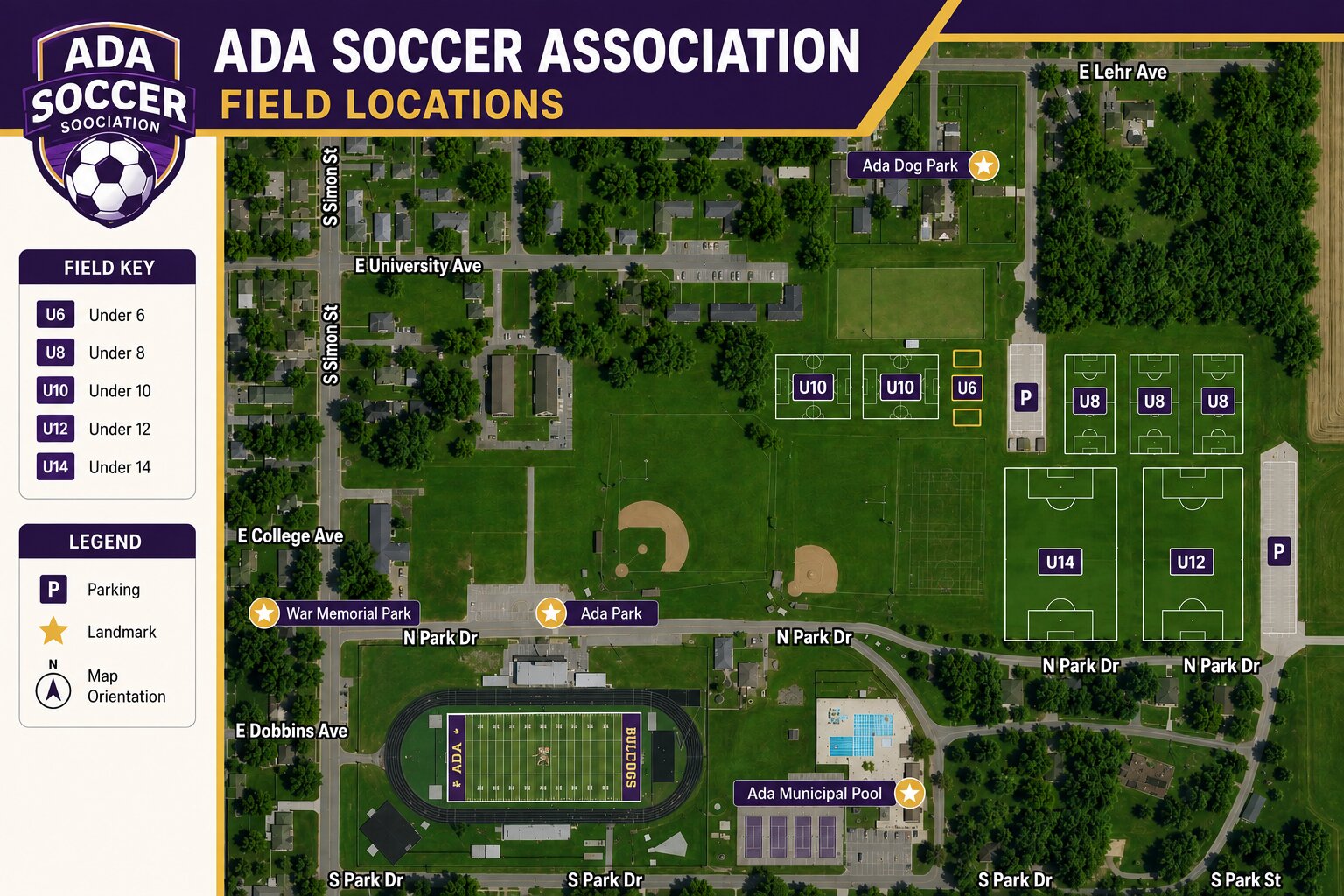 Map of Ada Soccer Association field locations at 401 N. Park Drive, showing U6, U8, U10, U12, and U14 fields and parking areas